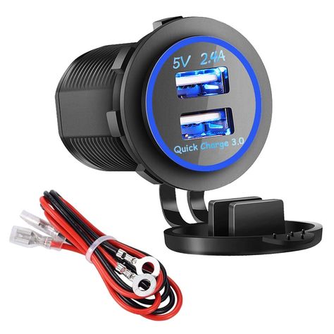 Dual USB Charger Socket Power Outlet - Quick Charge 3.0 and 2.4A Port for Car Boat Marine Rv Mobile with Wire Fuse DIY Kit (QC 3.0 - Blue) >>> Want to know more, click on the image. (This is an affiliate link) #carchargers Rv Vehicle, Pontoon Boat Accessories, Car Max, Diy Boat, Usb Outlet, Blue Led Lights, Samsung Galaxy S7 Edge, Car Camera, Boat Accessories