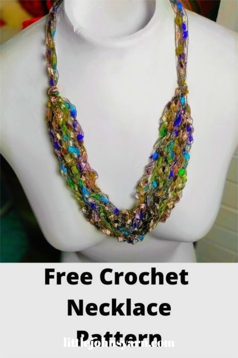 Learn how to make this Bohemian crochet necklace using ladder yarn. From a few feet away the ladder yarn look like little jewels. It's the perfect pattern for beginners. With this free crochet necklace pattern, you will be wearing your jewelry in no time. The easy crochet pattern also includes a crochet necklace video tutorial. #crochetjewelrynecklace #ladderyarn #ribbonyarn #crochetnecklace Trellis Yarn Necklace Pattern, Ladder Yarn Crochet Patterns Free, Ladder Yarn Patterns Free, Ribbon Yarn Crochet Patterns Free, Diy Crochet Necklace, Ladder Yarn Projects, Crochet Ribbon Yarn, Beaded Necklaces Ideas, Ribbon Yarn Scarf