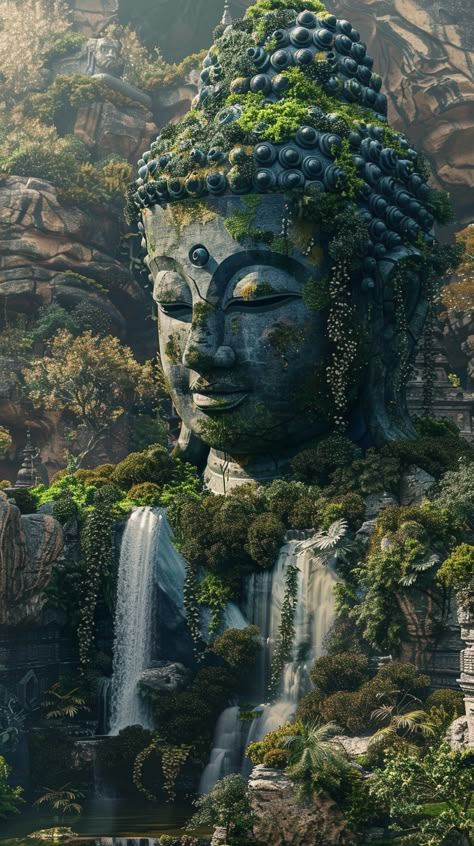 #BuddhaStatue #Waterfalls #Cliffs #Rocks #GreenPlants #UltrahighDefinition #VrayRendering #AerialPhotography #HighContrast #9:16 #TheCandie Photography Angles, Thai Buddha Statue, Stone Buddha Statue, Environment Photography, Geometric Mandala Tattoo, Canvas Art Painting Acrylic, Asian Sculptures, Inspirational Digital Art, Buddha Garden