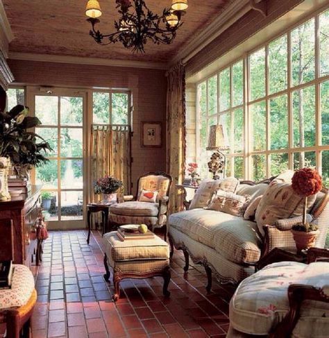 European Sunroom, English Sunroom, French Country Cottage Living Room, Sunroom Floor, Charles Faudree, French Style Living Room, Country Cottage Living Room, James Farmer, Country Cottage Living