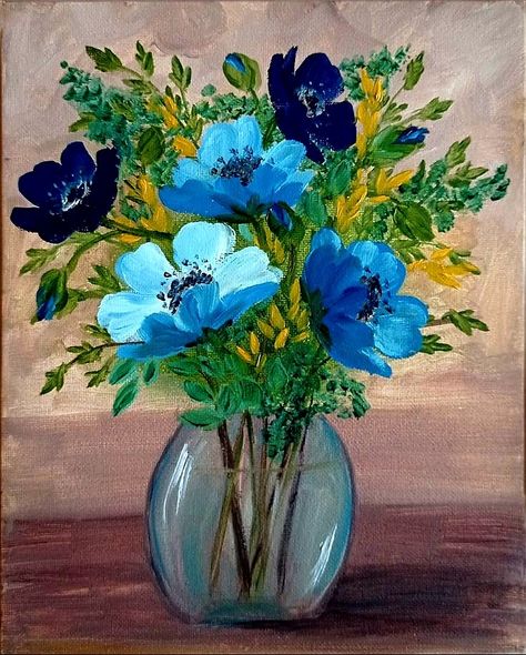 Flower Bouquet Painting, Blue Flowers Bouquet, Flowers Artwork, Easy Flower Painting, Blue Flower Painting, Flowers Wall Art, Flower Artwork, Oil Painting Flowers, Art Flowers