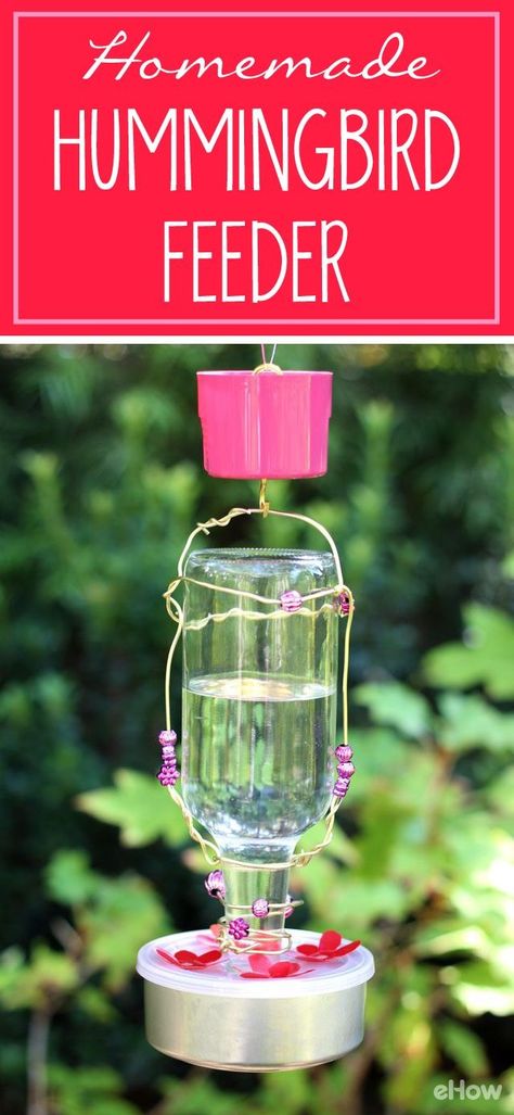 Your garden, patio or front porch needs this! Made with a used glass bottle and other household materials, it's easy and inexpensive to assemble. There's even an "ant moat" to keep ants away from the sugar water in the feeder reservoir.  DIY: http://www.ehow.com/how_5176840_make-homemade-hummingbird-feeder.html?utm_source=pinterest.com&utm_medium=referral&utm_content=freestyle&utm_campaign=fanpage Sugar Water For Hummingbirds, Homemade Hummingbird Feeder, Homemade Hummingbird Nectar, Hummingbird Nectar Recipe, Diy Hummingbird Feeder, Hummingbird Food, Hummingbird Nectar, Bird House Kits, Bees And Wasps