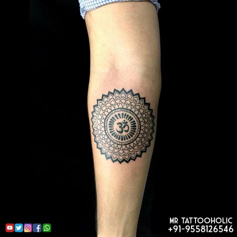 Om Tattoo Design Men Chest, Thai Neck Tattoo, Small Mandala Tattoo Men, Circle Tattoo Design For Men, Mandala Om Tattoo, Om Mandala Tattoo, Animal Design Tattoo, Hindu Tattoos, Trishul Tattoo Designs