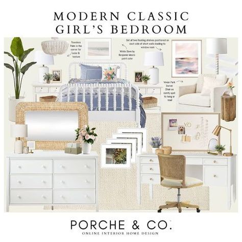 Porche & Co.'s interior designers are sharing a collection of virtual moodboards for updating kids bedrooms. Explore our mood boards to find the perfect blend of furniture and color for your space, whether you prefer the simplicity of neutral modern style or the seaside charm of a coastal girls' room. (affiliate) Girl's Rooms, Bedroom Moodboard, Walmart Home Decor, Kids Rooms Inspo, Shared Girls Bedroom, Bedroom Design Inspiration, Kids Bedroom Inspiration, Board Designs, Kids Bedroom Design