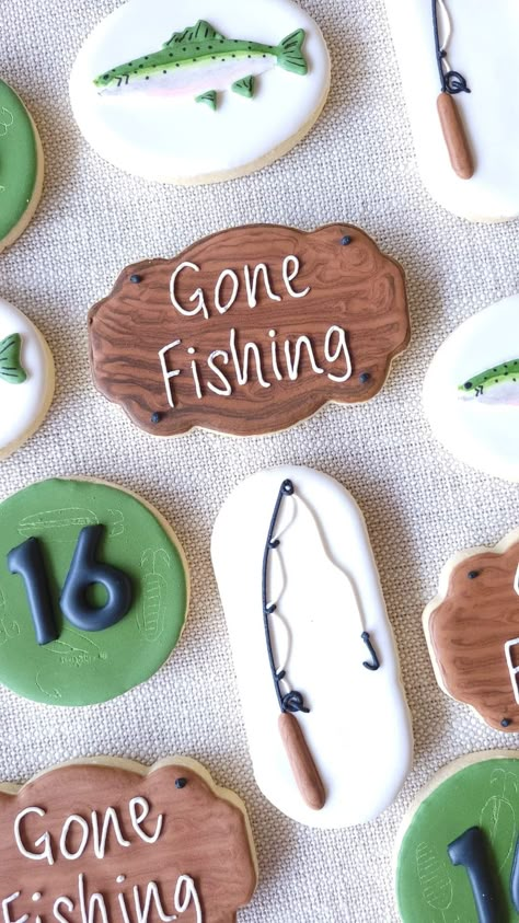 Fishing Birthday Party Cookies, Fishing Birthday Cookies, Fishing Themed Cookies, Fishing Cookies Decorated, Fish Hook Cookies Decorated, Bachelor Party Cookies, Cookies Fishing Theme, Fish Cookies Decorated, Fishing Cookies