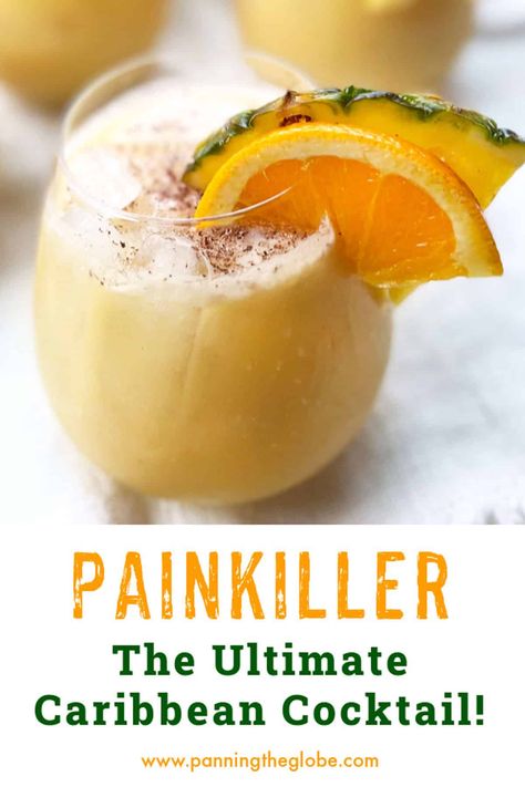 The Painkiller is the signature cocktail of the Virgin Islands. It's a fruity, creamy, refreshing rum drink - similar to a piña colada only less sweet and more sophisticated, with rich, smooth, subtle flavors. A wonderful drink for a festive brunch or for cocktails on a summer night. #Painkiller #TropicalDrink #CocktailRecipe Refreshing Rum Drinks, Alcoholic Slush Recipes, Painkiller Drink, Painkiller Recipe, Painkiller Cocktail, Coconut Rum Drinks, Fruity Alcohol Drinks, Coco Lopez, Drink Recipes Nonalcoholic