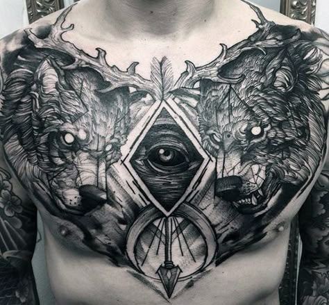 Manly Design, Cool Chest Tattoos, Pieces Tattoo, Wolf Tattoo Design, Sweet Tattoos, Chest Piece Tattoos, Chest Tattoo Men, Trash Polka, Celtic Tattoos