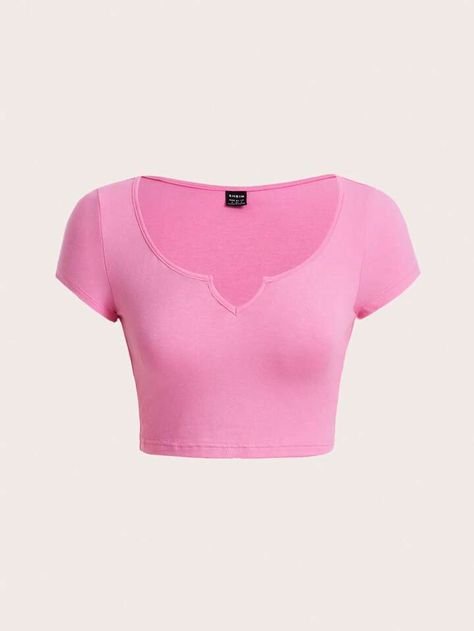 SHEIN BASICS Notched Neck Crop Tee | SHEIN USA Cute Pink Shirts, Shein Basics, Pink Closet, Hot Pink Shirt, Pink Shirts, Shirts For Teens, Fitted Blouses, Cute Halloween Costumes, Dream Outfits