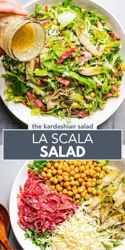 Click over and make the viral Kardashian salad called La Scala salad. This is an easy chopped salad recipe loaded with salami, marinated artichokes, and chickpeas and tossed with a delicious tangy dressing. Paleo Chopped Salad Recipes, Salad With Chickpeas And Salami, Easy Large Salad Recipes, Salad Recipes Kardashian, Chopped Cobb Salad Recipes, Chopped Veggie Recipes, A Week Of Salads, Chopped Chickpea Salad, Cheese For Salads