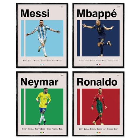 Soccer Posters 8x10 Inch Canvas Prints Unframed Set of 4 - Messi, Ronaldo, Mbape And Neymar Famous Football Superstar Poster Sports Decor for Boys Bedroom Wall Art Soccer Decorations Room, Soccer Posters, Boys Bedroom Wall Art, Soccer Room, Themed Kids Room, Soccer Theme, Messi Ronaldo, Kitchen Artwork, Sports Decor