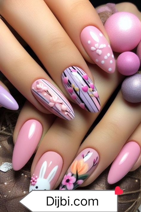 Easter Nails Almond Shape, Easter Nails Design Spring, Easter Nail Art Designs, Pastel Nail Art, Nails Easter, Simple Spring Nails, Adorable Bunnies, Easter Nail, Easter Nail Designs