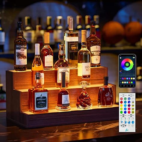 Cubehom LED Lighted Liquor Bottle Display Shelf, 24 Inch Bar Display Shelf, DIY Illuminated Bottle Shelf with App & Remote Control, 3 Step Freestanding Holding Bottles for Home Bar, Party, Walnut Bottle Display Shelf, Diy Display Shelf, Modern Home Bar Designs, Liquor Bottle Display, Home Bar Areas, Modern Home Bar, Bar Display, Bar Shelves, Wine Rack Cabinet