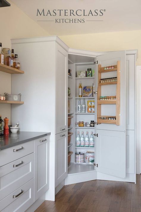 Corner Kitchen With Island, Corner Cabinet Storage Ideas, Corner Cabinet Storage, Cabinet Storage Ideas, Corner Kitchen Pantry, Shaker Kitchen Doors, Coloured Tiles, Grey Shaker Kitchen, Kitchen Pantry Cupboard