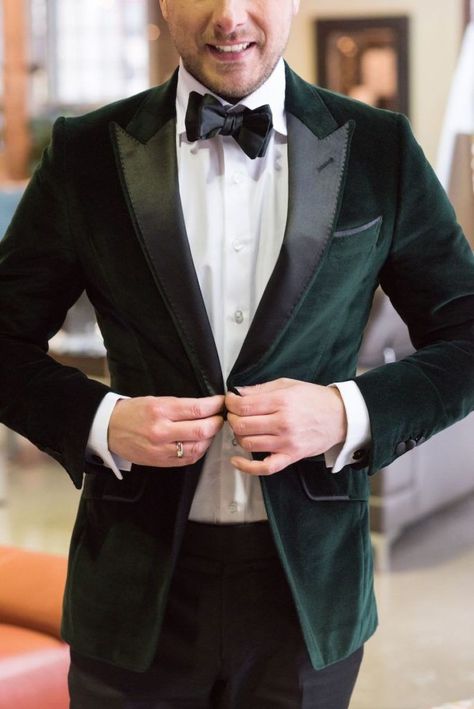 A tuxedo is the pinnacle of nearly every black tie event, including weddings. And while tuxedo selections may not be as expansive as a wedding dress selection, there are still plenty of ways to show off your own individual style in a tux. From pops of color to unexpected accessories, here are a few tuxedo styles to inspire your special day. Dark Green Velvet Suit, Dark Academia Outfits Men, Green Velvet Suit, Richard Biedul, Tuxedo Styles, Green Velvet Blazer, Green Wedding Suit, Dark Academia Outfits, Printed Scarves