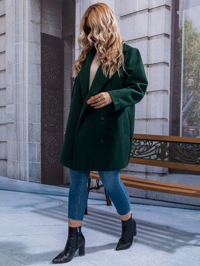 Plus Lapel Neck Double Breasted Slant Pockets Overcoat | SHEIN USA Dark Green Coat Outfit, Green Coat Outfit, Dark Green Coat, Mustard Seed Faith, Winter Plus Size, Green Coat, Coat Outfits, Mustard Seed, Shein Style