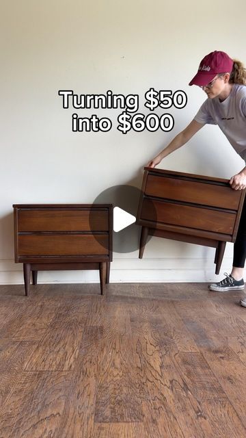 Erin Shuford • DIY Furniture Flips • MCM Refinishing on Instagram: "Comment the word “LINK” for a list of everything I used on this set!  I almost choked when I got ahold of this set for only $25 each!   Sanding the old dark stain off of that gorgeous walnut wood grain almost as satisfying as replacing the laminate tops with a brand new walnut veneer. To finish it up, I sealed with several layers of my favorite wipe-on poly. What do you think?" Refinish Veneer Furniture, Mcm End Table Makeover, Mcm Furniture Flip, Furniture Before And After, Mcm Furniture Makeover, Mid Century Modern Furniture Makeover, Dark Walnut Furniture, Modern Furniture Makeover, End Table Makeover