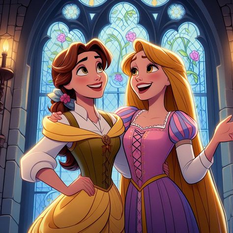 Belle And Rapunzel Together, Disney Princess Lesbian Wallpaper, Princess Outfits Disney, Disney Princess Best Friends, Disney Princess Together, Princess Best Friends, Disney Princesses Together, Two Disney Princess, Belle And Rapunzel