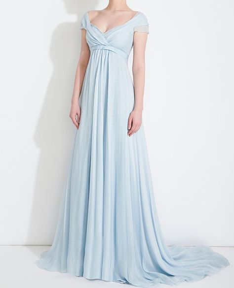 Empire Waist Gown Princesses, Light Blue Medieval Dress, Blue Off Shoulder Gown, Night Gown Dress, Regency Dress, Fantasy Dresses, Gorgeous Gowns, Fancy Dresses, Dream Dress