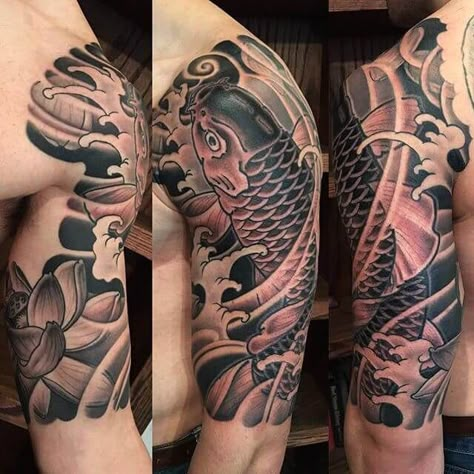 Black-Ink-Japanese-Koi-Fish-Tattoo-On-Man-Left-Half-Sleeve Japanese Tattoo Koi, Karp Koi, Japanese Koi Fish Tattoo, Koi Tattoo Sleeve, Koi Tattoo Design, Cool Half Sleeve Tattoos, Yakuza Tattoo, Koi Tattoo, Half Sleeve Tattoos For Guys