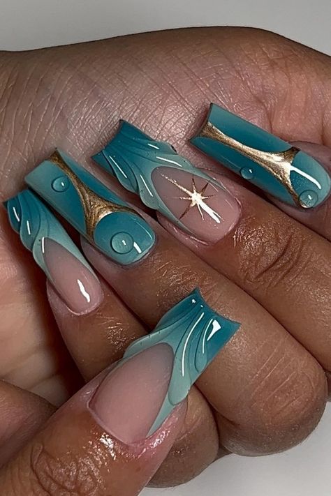 Nail Art Designs Trending, French Nails Blue, Manicure Aesthetic, Blue Stiletto Nails, Blue Manicure, Blue Coffin Nails, Dark Blue Nails, Teal Nails, 3d Flower Nails