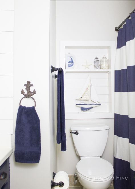 Nautical Bathroom Diy, Boys Bathroom Decor, Nautical Bathroom, Nautical Bathroom Decor, Farmhouse Coastal, Bathroom Decor Ideas Themes, Diy Shiplap, Bathroom Themes, Nautical Bathrooms