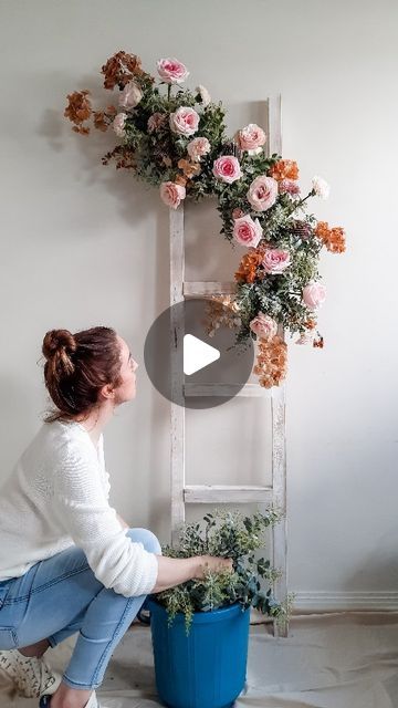 Tess | Perth Florist | Two cool things about this ladder install:  1. Environmentally conscious made without floral foam 🌎  - Reusable mechanics of chicken wire &... | Instagram Florist Bridal Show Booth Display, Florist Booth Bridal Show, Chicken Wire Floral Arrangements, Chicken Wire Floral Installation, Wall Floral Arrangements, Dried Bougainvillea, Bougainvillea Wedding, Table Seating Plan, Floral Mechanics