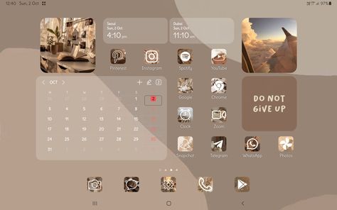 Android Tablet Homescreen Layout, Desktop Homescreen Ideas, Samsung Tablet Aesthetic Homescreen, Ipad Brown Aesthetic, Samsung Tablet Aesthetic Layout, Samsung Tablet Homescreen Layout, Tablet Homescreen Layout, Samsung Tab Homescreen, Tablet Layouts Samsung