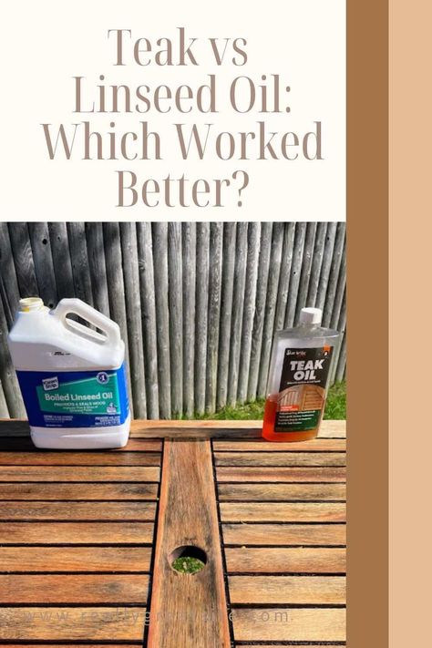 Here's what I discovered when I used both teak oil and linseed oil on eucalyptus patio table. Which was most effective on protecting the wood and restoring color? #teakoil #linseedoil #eucalyptusfurniture Linseed Oil On Wood Furniture, Linseed Oil On Wood, Diy Basement Decor, All Wood Furniture, Laundry Room Decorating, Outdoor Movie Screen, Teak Patio Furniture, Wood Patio Furniture, Teak Oil