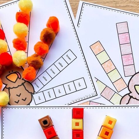 Megan Morris on Instagram: "Turkey Pattern Mats 🦃⁣ ⁣ ⁣⁣Build patterns with unifix cubes, pom-poms, beads, ANYTHING! Mats include color words to read, colored blocks to match, finish-the-pattern, and blank blocks to build your own pattern so you can reach your learners right where they’re at.⁣ The link is in my bio or I can send it straight to your messages 🦃" Turkey Pattern Blocks, Thanksgiving Block Center, Pattern Crafts For Preschool, Unifix Cubes, Learning Journal, Block Center, Color Words, Math Blocks, Pattern Activities