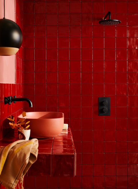 Make your home feel cosy with warm, rich reds, burnt oranges and spice-hued yellows Red Tile Bathroom, Kitchen Pics, Bathroom 2024, Room Wall Tiles, Reclaimed Tile, Red Bathroom, Orange Bathrooms, Dream Shower, Flat Decor