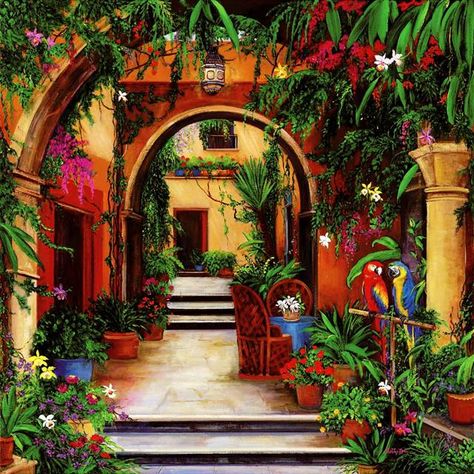 mexican hacienda paintings - Google Search Style Hacienda, Mexico Spanish, Hacienda Decor, Ceramic Wall Art Tiles, Mexican Hacienda, Hacienda Style Homes, Jungle Scene, Tile Wall Art, Mediterranean Decor