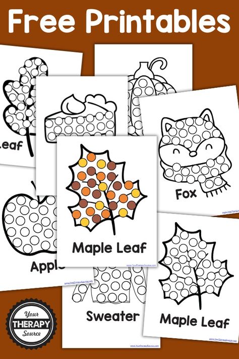 Fall Dot Marker Printables - Free - Your Therapy Source Fall Themed Occupational Therapy Activities, Fall Do A Dot Printables Free, Fall Dot Painting Free Printables, Fall Worksheets For Toddlers, Thanksgiving Dot Marker Printables, Dot Sticker Activities Free Printables, Dot Markers Printables Free, Do A Dot Printables Free Preschool, Dot Marker Activities Free Printables