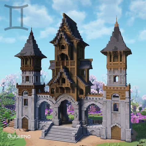 Gemini Towers Gate This house was inspired by the constellation Gemini and the reason I let it end up is because it's my sign #minecraft #minecraftbuilds #minecrafthouse #minecraftideas Minecraft Tower Staircase, Tower Minecraft House, Minecraft Medieval Portal Design, Minecraft Castle Tower Design, Minecraft Castle Details, Minecraft Castle Gate Ideas, Castle Base Minecraft, Minecraft Round Window, Mythical Minecraft House