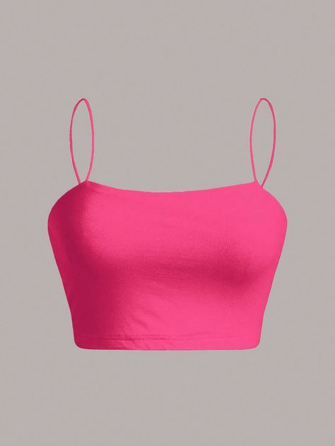 Hot Pink Casual Collar  Knitted Fabric Plain Cami Embellished Slight Stretch  Women Clothing Top Fucsia, Hot Pink Tank Top, Pink Camisole, Hot Pink Tank, Bralet Tops, Cropped Camisole, Summer Hot, Women Tank Tops, Plain Color