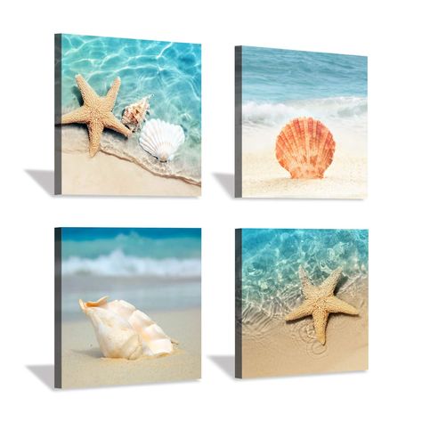 PRICES MAY VARY. Starfish & Conch Canvas Wall Art: Ocean seashell and star fish art print set is a great addition to any home, add coastal flair to your decor with this sharp seashell study of star fish Beach Scene Canvas Artwork: These artful beach wall decor art canvas look lovely side by side. You can hang starfish wall canvas picture up in different rooms to carry a cohesive aesthetic throughout your abode Ocean shells Wall Art Decor Set: Artful beach canvas print wall art set is stretched a Ocean Theme Decorations, Starfish Wall Art, Coastal Artwork, Beach Wall Decor, Hur Man Målar, Coastal Wall Art, Beach Wall Art, Bathroom Wall Art, Wall Art Pictures