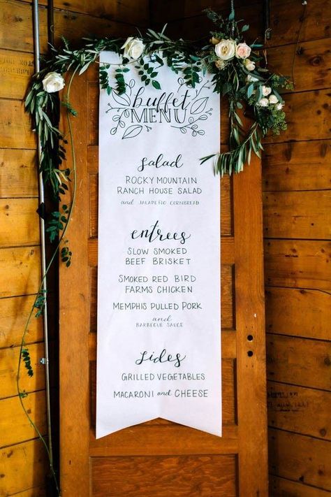 Earthy nature-inspired buffet menu | Autumn Cutaia Photography Wedding Buffet Menu, Buffet Wedding Reception, Deco Champetre, Wedding Buffet, Wedding Menu Cards, Cute Wedding Ideas, Wedding Catering, Wedding Candles, Wedding Signage