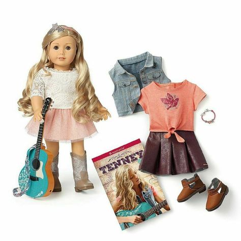 Brand New In American Girl Box Tenney Grant 18" Doll Please Note: She Has An X On Her Butt To Prevent Store Returns. The 18" Tenney Doll Has Light Brown Eyes That Open And Close, Freckles On Her Nose, And Long, Curly Blond Hair. Tenney’s Unique Hand Positioning Helps Her Hold Her Guitar, Banjo, And Pick! She Arrives In A Graphic Tee, Denim Vest, Faux-Leather Skirt, And Ankle Boots. Also Included Are A Woven Bracelet And The Tenney Paperback Book. Set Also Includes: "Tenney's Spotlight" Outfit: W Brown Shoe Boots, American Girl Toys, Maroon Skirt, Brown Cowboy Boots, American Doll Clothes, White Lace Top, Hair Clothes, Girl Doll Clothes, Faux Leather Skirt