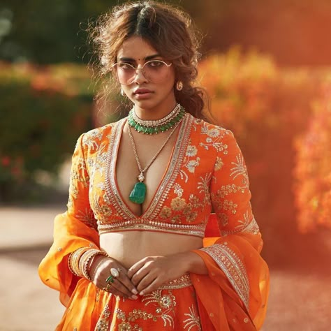 Stunning V neck Blouse design for brides | (C) Sabyasachi Mukherjee | Deep neck blouses | Orange Bridal Lehenga | Trending new blouse looks | Bride to be | Trousseau | Trending new blouse neck designs | Must have | #wittyvows #blouses #trousseau #trending #bridalwear #blousedesignideas #stunning #beautiful #deepneck #designs #orange #golden #embroidery Arabic Inspired Fashion, Pakistani Attire, Sabyasachi Collection, Khatli Work, Raw Silk Lehenga, Saree Bollywood, Sabyasachi Lehenga, Sabyasachi Jewellery, Diesel Punk