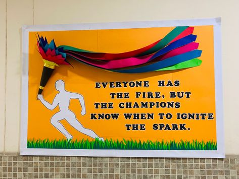 Olympic Sports Meet Decoration Ideas, Sports Day Board Decoration, Olympic Bulletin Board, School Decorations Diy, Sports Bulletin Boards, Sports Day Decoration, Sports Day Poster, Soft Board Decoration, Teacher Portfolio