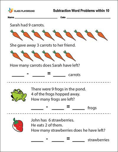 Printable Subtraction Word Problems Within 10 Worksheet Cvc Words Kindergarten, Subtraction Word Problems, Learning Worksheets, Cvc Words, Word Problems, Math Worksheets, Assessment, Kids Learning, Kindergarten