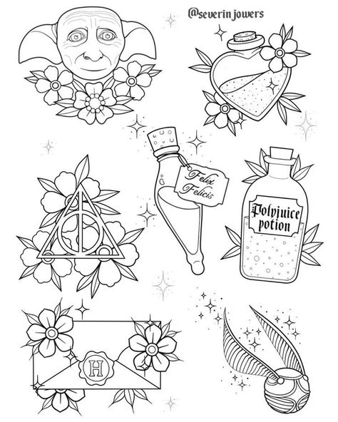 Harry Potter Tattoo Flash, Flash Outline, Kewpie Tattoo, Halloween Tattoo Flash, Beetlejuice Tattoo, Sailor Jerry Tattoo Flash, Potter Tattoo, Neotraditional Tattoo, Outline Tattoo