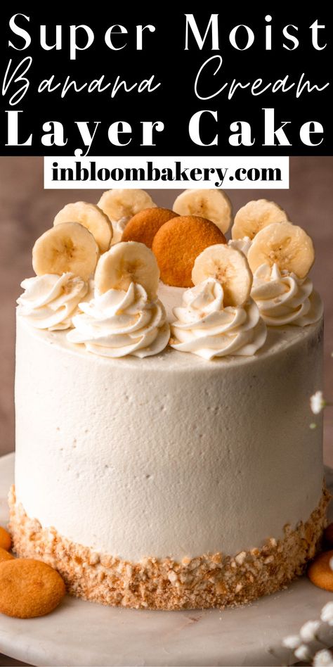 This is the best banana cream cake! Moist layers of banana cake are filled with banana pastry cream, frosted with cream cheese frosting and garnished with Nilla Wafers. This is the perfect cake for the banana lover in your life- it's the best banana cake! Banana Cake With Burnt Butter Frosting, Banana Cream Cake Easy, Banana Cake With Whipped Cream Frosting, Banana Pudding Filling For Cake, Banana Pudding Layer Cake, Salted Caramel Banana Toffee Cake, Banana Creme Cake, Chocolate Banana Pudding Cake, Layered Banana Cake