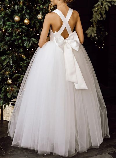 Ball-Gown V-Neck Floor-Length Satin/Tulle Flower Girl Dresses With Bow(s) Flower Girl Dress Short, White Dress Flower Girl, Flower Girl Dresses Older Kids, Flower Girl Dress For Kids, Flower Girl Dresses Bow, Teen Flower Girl Dresses, Older Flower Girl Dresses, Dream Wedding Hairstyles, Dress Satin Long