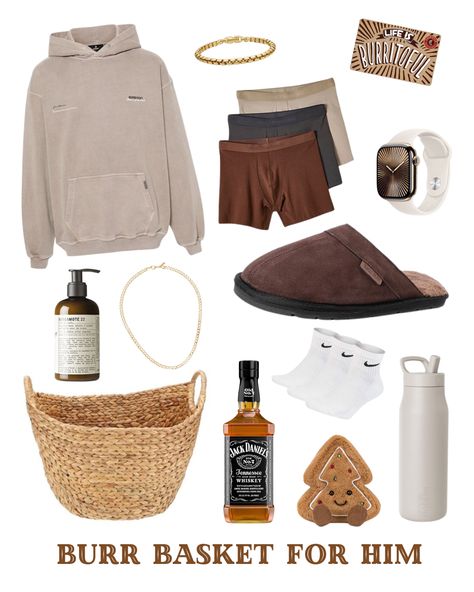 This Burr Basket for Him is all about comfort and style! Featuring a soft hoodie, cozy slippers, premium cologne, and a Hydro Flask, it’s perfect for winter relaxation. With essentials like socks, lounge boxers, a Chipotle gift card, and Jack Daniel’s whiskey, this basket combines everyday comfort with a touch of luxury. Ideal for any man who loves to unwind in style! 🎄✨ Men Burr Basket, Mens Burr Basket, Men’s Burr Basket, Love Basket For Him, Burr Basket For Him, Boyfriend Gift Basket Christmas For Him, Slippers Gift Basket, Men’s Gift Basket, Burr Basket Ideas For Him