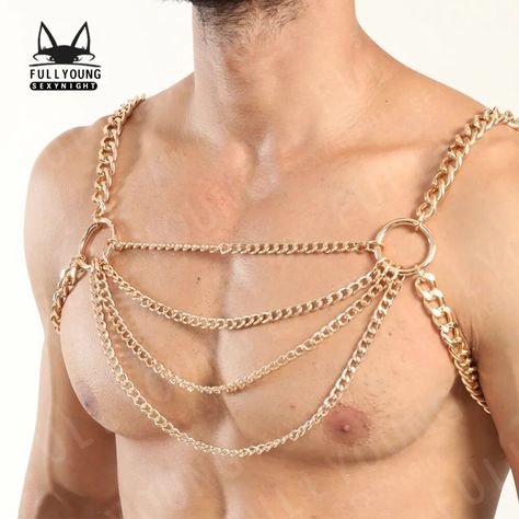 Apocalyptic Armor, Harness Male, Body Harness Jewelry, Jóias Body Chains, Body Jewelry Men, Armor Medieval, Body Chain Harness, Harness Fashion, Chain Harness