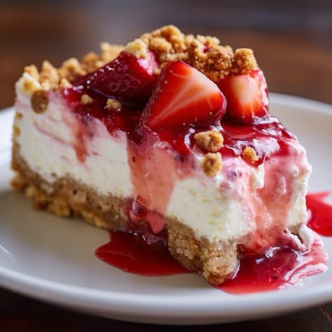 Strawberry Crunch Cheesecake Recipe Strawberry Crunch Cheesecake, Crunch Cheesecake, Cheesecake Strawberry, Strawberry Cheesecake Recipe, Strawberry Crunch, Resep Brownies, Strawberry Dessert Recipes, Crunch Cake, Cheesecake Desserts