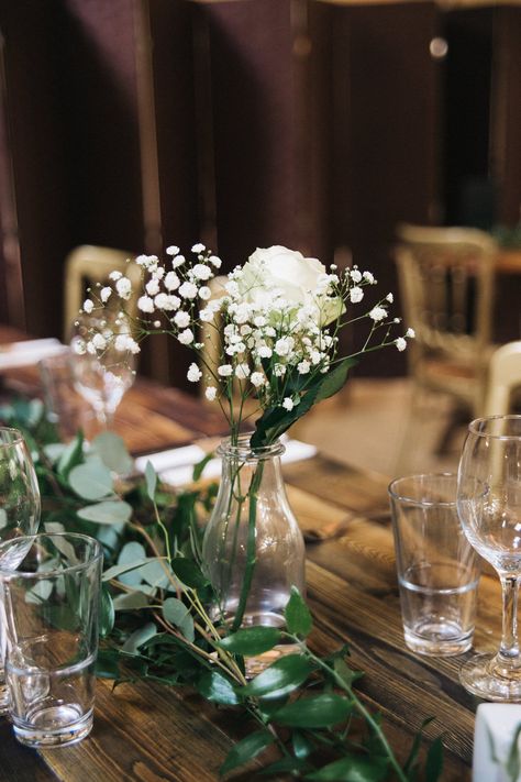 Milk Bottle Wedding Decor, Wedding Gypsophila Table, Flowers In Milk Bottles, Milk Bottle Centerpiece Wedding, Wedding Table Fairy Lights, Gypsophila Table Decorations, Bottle Table Decorations, Fairy Lights Wedding Centerpieces, White Table Flowers