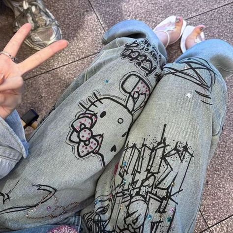 Hello kitty pants 🧁 Dm to order & size chart Imported . . . #hellokitty #sanrio #sanriocore #widejeans #shop #shoplocal #smallbusiness Hello Kitty Jeans, Hello Kitty Outfit, Cutecore Aesthetic, Y2k Girl, Kitty Clothes, Hello Kitty Clothes, Style Kawaii, Graffiti Designs, Casual Wide Leg Pants