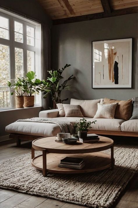 Modern cozy living room with sleek design and warm elements Living Room Inspo Organic Modern, Cozy Living Rooms Neutral, Cozy Living Room Plants, Living Room New Build, Dark Earth Tone Living Room, Modern Comfy Living Room Ideas, Comfy Living Room Ideas Warm Colors, Living Room Earthy, Modern Cozy Home