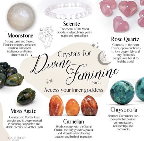 Crystals Feminine Energy, Divine Feminine Crystals, Spirituality Tips, Crystal Intentions, Crystal Healing Chart, Ayurvedic Practitioner, Witchcraft Spells, Healing Vibes, Healing Magic